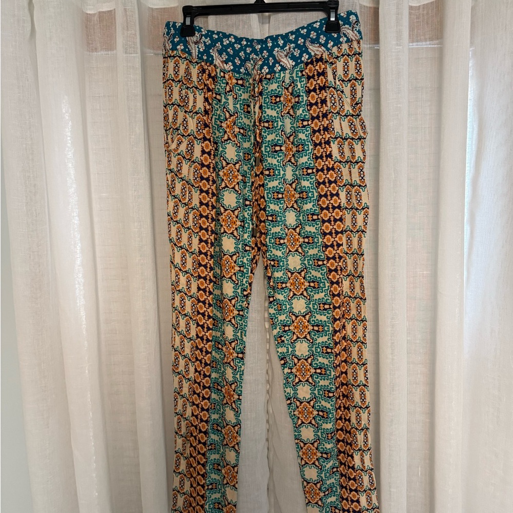 Couture Gypsy Blue and Orange Wide Leg Pants with draw string